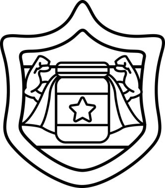 Üzerinde kavanoz ve yıldız olan siyah beyaz bir kalkan resmi. Kavanozda 