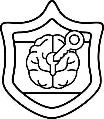 Üzerinde anahtar ve beyin olan bir kalkan. Kalkan siyah ve beyaz.