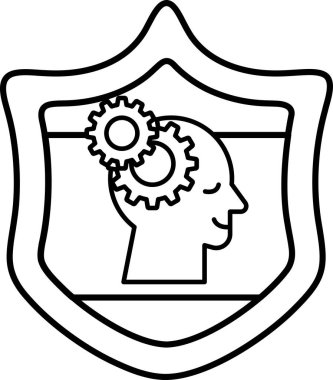 Üzerinde insan kafası ve vites olan bir kalkan. Kalkan siyah beyaz. Adamın başı gülümsüyor ve dişliler de gülümsüyor. Kalkan, düşünce fikrini temsil eder.