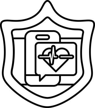 Üzerinde kalp ve cep telefonu olan bir kalkanın siyah beyaz görüntüsü. Kalkan korumayı temsil eder ve kalp ve cep telefonu iletişimi ve bağlantıyı temsil eder.