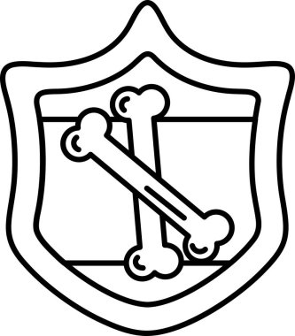 Üzerinde iki kemik olan bir kalkan. Kalkan siyah beyaz. Kemikler basit bir şekilde çizilir.