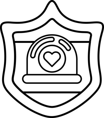 Üzerinde kalp olan siyah beyaz bir kalkan çizimi. Kalkan bir korunma sembolüdür ve kalp sevgiyi ve özeni temsil eder.