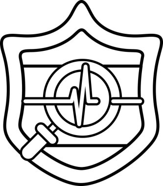 Üzerinde kalp olan siyah beyaz bir kalkan çizimi. Kalkan bir daire ile çevrili ve üzerinde bir büyüteç var. Kalkan korumayı temsil eder.