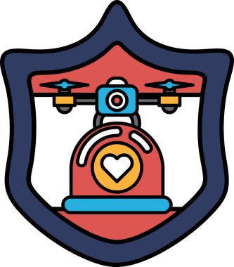 Üzerinde kalp ve dron olan siyah beyaz bir kalkan çizimi. Kalkan korumayı temsil ediyor ve İHA teknolojiyi temsil ediyor.