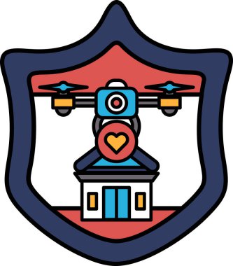 Üzerinde bir ev ve insansız hava aracı olan siyah beyaz bir kalkan. Kalkan bir kalple süslenmiş ve dron evin tepesinde.