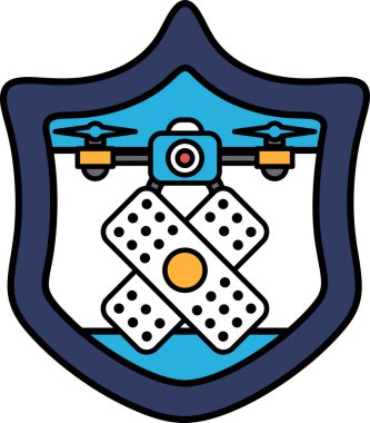 Üzerinde haç ve kamera olan siyah beyaz bir kalkan çizimi. Kalkan bir parça bandajla süslenmiş.