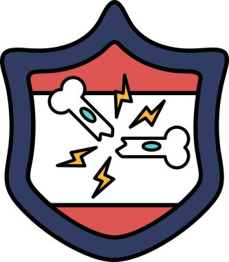 Üzerinde iki kemik olan siyah beyaz bir kalkan çizimi. Kemikler kırılmış ve kalkan hasar görmüş. Sahne yıkım ve kaostan ibarettir.