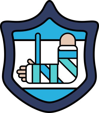 Üzerinde kırık bir kol ve bacak olan siyah beyaz bir kalkan çizimi. Kırık kol ve bacak bandajla bağlanmış.