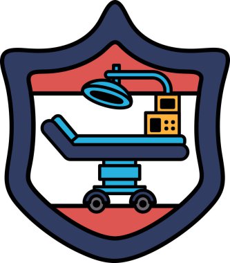 Hastane yatağı ve tıbbi gereçleri olan bir kalkan. Kalkan siyah beyaz. Kalkanın amacı hastane ya da tıbbi tesisi temsil etmek.