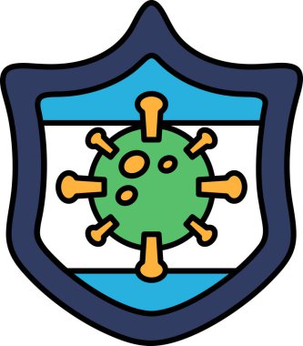 Üzerinde virüs olan bir kalkan. Kalkan siyah beyaz. Virüs küçük ve bir sürü çivisi var.