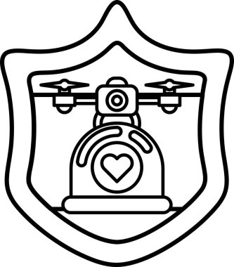 Üzerinde kalp ve dron olan siyah beyaz bir kalkan çizimi. Kalkan korumayı temsil ediyor ve İHA teknolojiyi temsil ediyor.