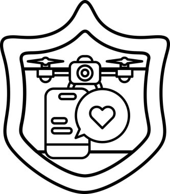 Üzerinde kalp ve cep telefonu olan bir kalkanın siyah beyaz görüntüsü. Kalkan korumayı simgeler ve kalp de aşkı simgeler. Cep telefonu iletişimin sembolüdür.