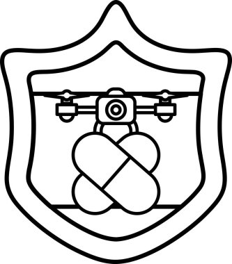 Üzerinde kamera ve insansız hava aracı olan siyah beyaz bir kalkan. Kalkan beyaz ve siyah ve haça benzeyen bir tasarımı var.