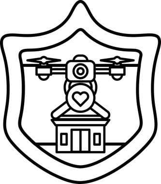 Üzerinde bir ev ve insansız hava aracı olan siyah beyaz bir kalkan. Kalkan bir kalple süslenmiş ve dron evin tepesinde.