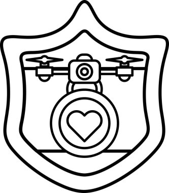 Üzerinde kalp ve dron olan siyah beyaz bir kalkan çizimi. Kalkan korumayı temsil ediyor ve İHA teknolojiyi temsil ediyor.