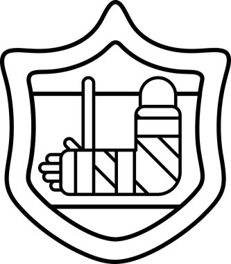 Üzerinde kırık bir kol ve bacak olan siyah beyaz bir kalkan çizimi. Kırık kol ve bacak bandajla bağlanmış.