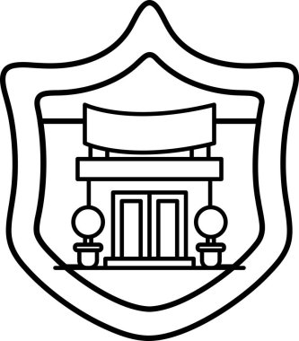 Üzerinde tabela olan bir binanın siyah beyaz çizimi. Bina bir mağaza ve tabela da bir afiş.