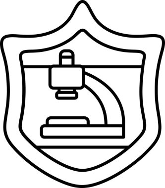 Üzerinde mikroskop olan bir kalkan. Kalkan siyah beyaz. Kalkan bir koruma sembolüdür.