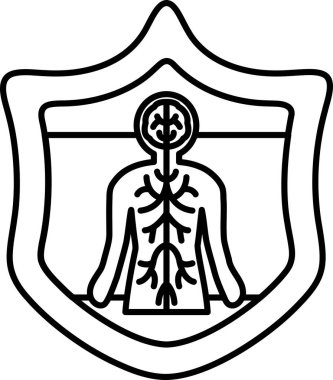 Kalbi ve akciğerleri olan birinin siyah beyaz çizimi. Resimde ortasında bir insan olan bir kalkan var.