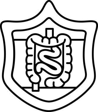 Sindirim sisteminin siyah beyaz çizimi. Çizim, üzerinde uzun, ince bir tüp olan bir kalkan. Kalkan bir çemberle çevrili.