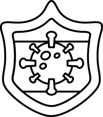 Üzerinde virüs olan bir kalkan. Kalkan siyah beyaz. Virüs küçük ve bir sürü çivisi var.