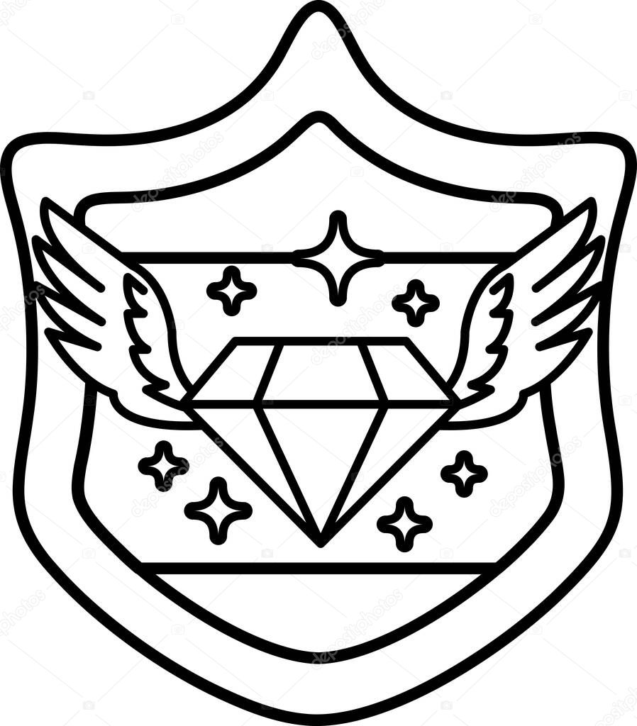 A black and white drawing of a diamond with wings on either side. The diamond is surrounded by stars and the wings are spread out. Concept of magic and wonder