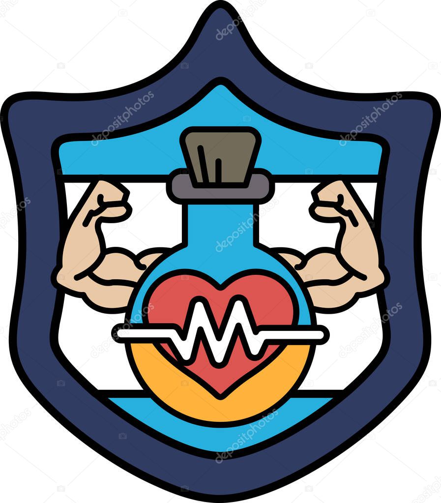 A shield with a heart and a bottle on it. The shield is black and white. The heart is red and the bottle is green. The shield is meant to represent protection and strength