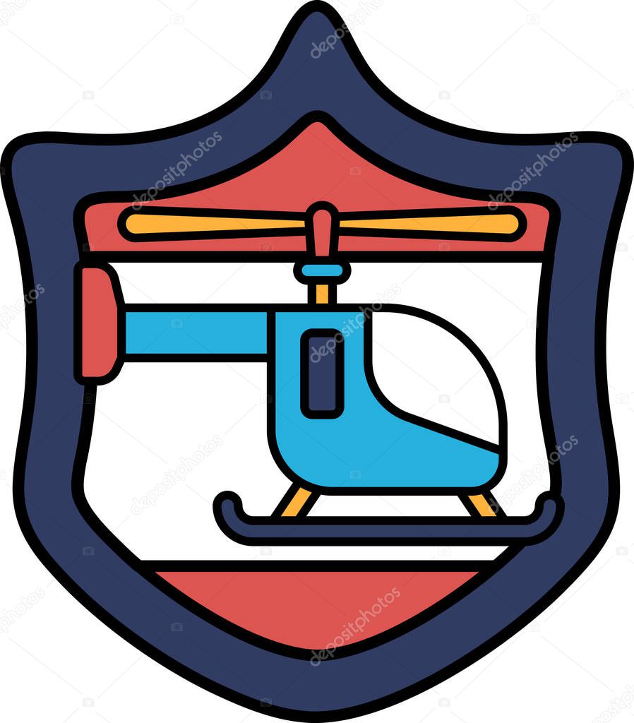 A black and white drawing of a helicopter on a shield. The shield is a symbol of protection and the helicopter represents the ability to fly and reach new heights