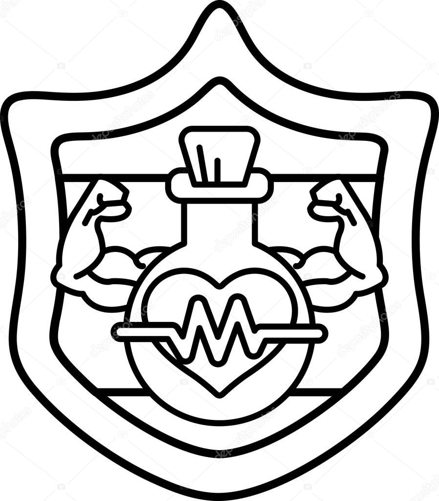 A shield with a heart and a bottle on it. The shield is black and white. The heart is red and the bottle is green. The shield is meant to represent protection and strength