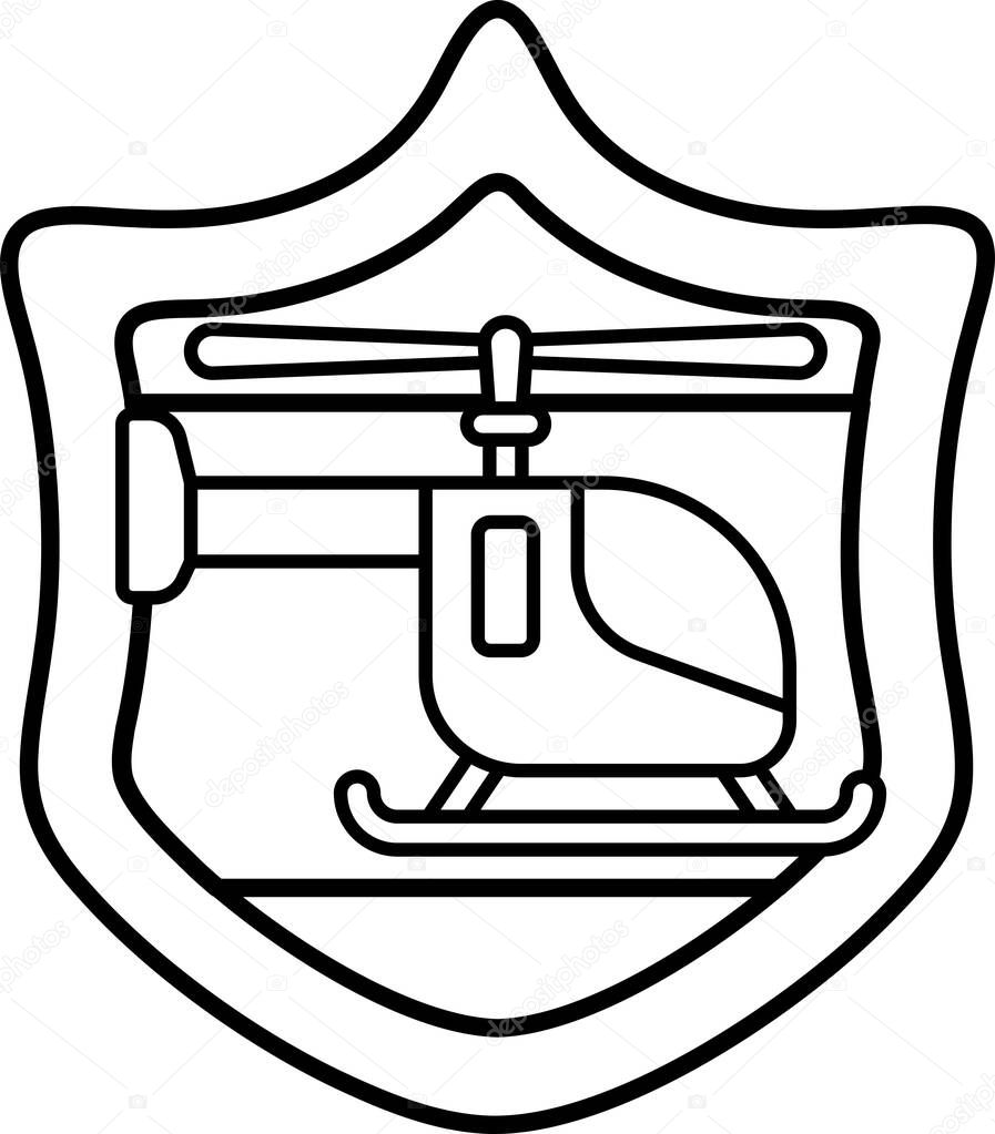 A black and white drawing of a helicopter on a shield. The shield is a symbol of protection and the helicopter represents the ability to fly and reach new heights