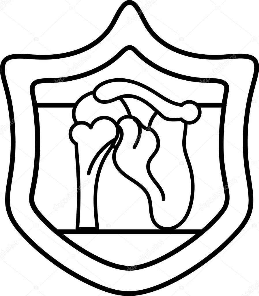 A shield with a heart and a skeleton on it. The heart is surrounded by three other hearts