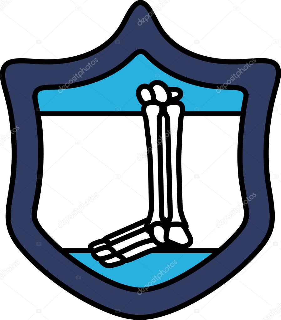 A shield with a skeleton on it. The shield is black and white