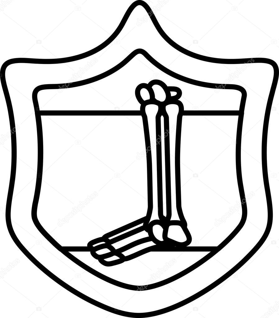 A shield with a skeleton on it. The shield is black and white