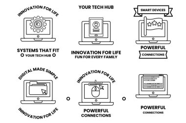 Akıllı aygıtlar için altı simge. Simgelerin hepsi siyah beyaz. İlk simge bir dizüstü bilgisayar.