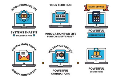 Akıllı aygıtlar için altı simge. Simgelerin hepsi siyah beyaz. İlk simge bir dizüstü bilgisayar.