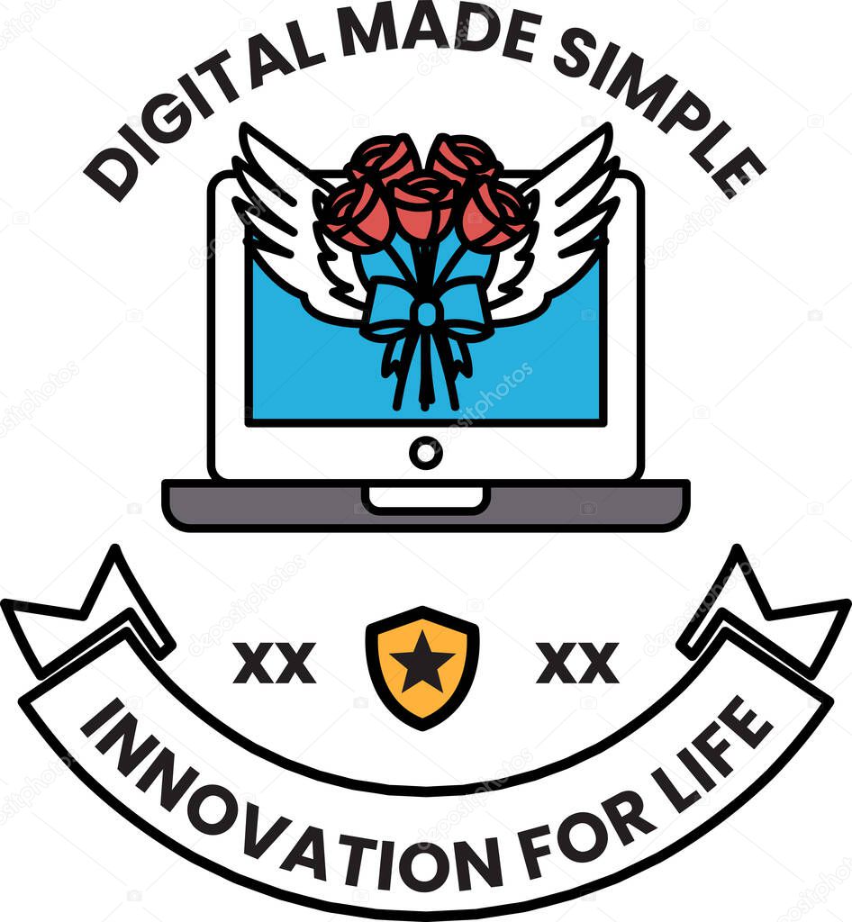 Digital made simple is the concept of this logo. The logo features a laptop with a bouquet of roses on it. The roses are arranged in a way that they look like wings