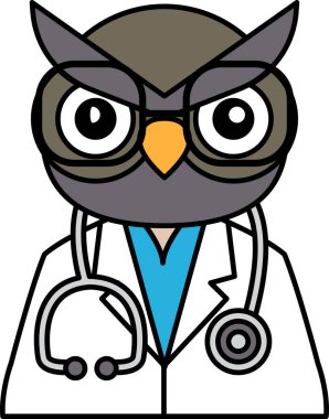 Laboratuvar önlüğü ve gözlük takan bir çizgi film baykuşu steteskop takıyor. Baykuşun yüzünde sert bir ifade vardır.