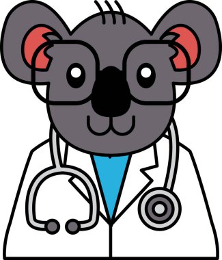 Doktor Koala 'nın gözlük taktığı bir çizgi film. Çizgi film siyah beyaz. Doktor Koala beyaz bir laboratuvar önlüğü ve stetoskop giyiyor.