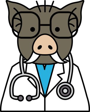 Laboratuvar önlüğü ve gözlük takan bir çizgi film domuzu doktordur. Görüntü neşeli ve neşeli, domuzun görünüşü komedi etkisi için abartılıyor.