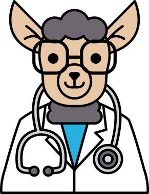 Gözlük ve steteskop takan bir doktorun çizgi filmi. Doktor gülümsüyor ve mutlu.