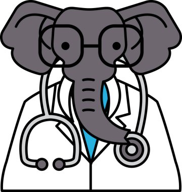 Gözlük ve laboratuvar önlüğü takan bir çizgi film fili. Fil bir doktor.