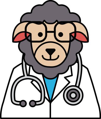Laboratuvar önlüğü ve gözlük takan bir çizgi film koyunu steteskop takıyor. Koyun gülümsüyor ve o bir doktor.