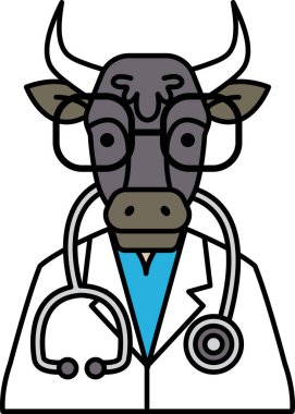 Laboratuvar önlüğü ve gözlük takan bir çizgi film ineği stetoskop takıyor. İnek doktordur.