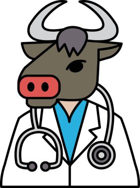 Stetoskop ve laboratuvar önlüğü giyen bir inek. İneğin kırmızı bir burnu var ve maske takıyor.