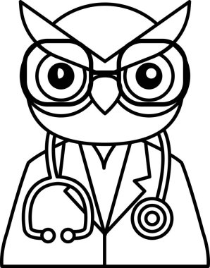 Laboratuvar önlüğü ve gözlük takan bir çizgi film baykuşu steteskop takıyor. Baykuşun yüzünde sert bir ifade vardır.