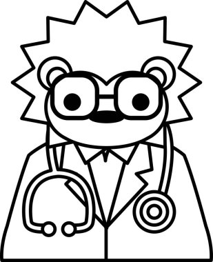 Laboratuvar önlüğü ve gözlük takan çizgi film karakteri bir ayının elinde stetoskop var. Mizah anlayışı ve oyun anlayışı, ayı doktor kıyafeti giydiği ve elinde tıbbi bir alet tuttuğu için.