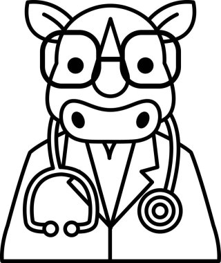 Laboratuvar önlüğü ve gözlük takan bir çizgi film gergedanı. Gergedan bir doktor. Çizgi film neşeli ve neşeli.