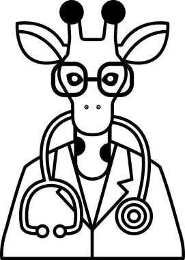 Beyaz laboratuvar önlüğü ve gözlük takan bir zürafa stetoskobun önünde duruyor.