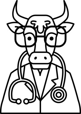 Laboratuvar önlüğü ve gözlük takan bir çizgi film ineği stetoskop takıyor. İnek doktordur.