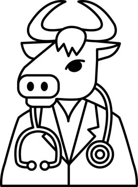 Stetoskop ve laboratuvar önlüğü giyen bir inek. İneğin kırmızı bir burnu var ve maske takıyor.